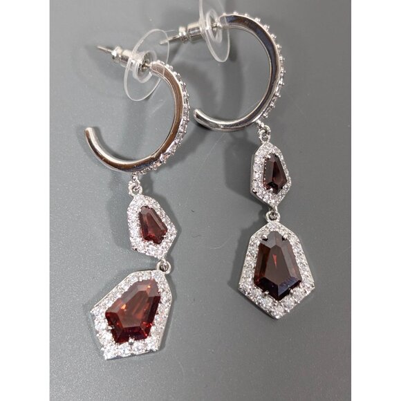Bomb Party Earrings Simulated Ruby Red Dangle Hoop Earrings Birthstone - Picture 3 of 8
